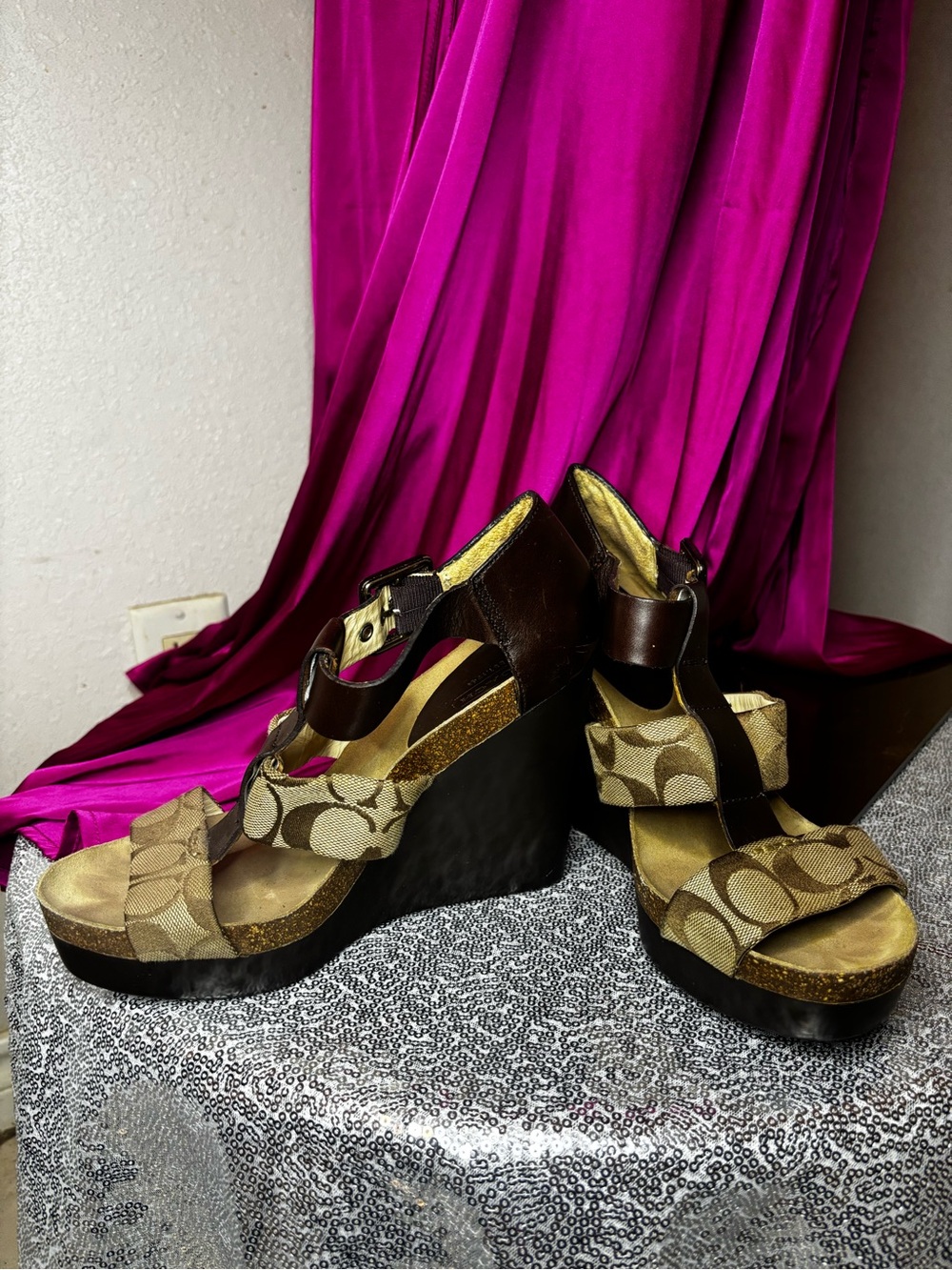 Coach Tan Signature Canvas Wedge Sandals